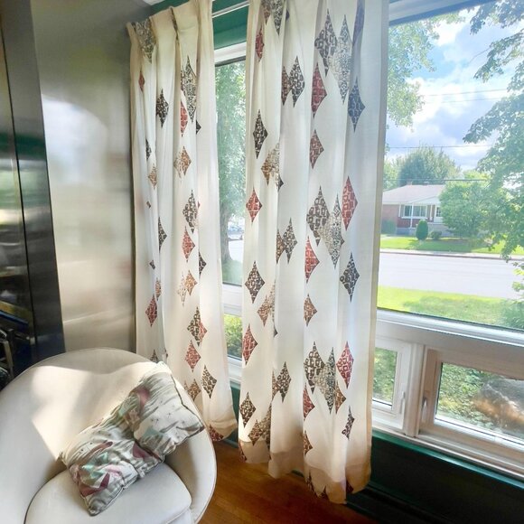 Vintage 50s curtains, beige, brown, rust geometric, soft Fiberglass, pair panels - Picture 1 of 10